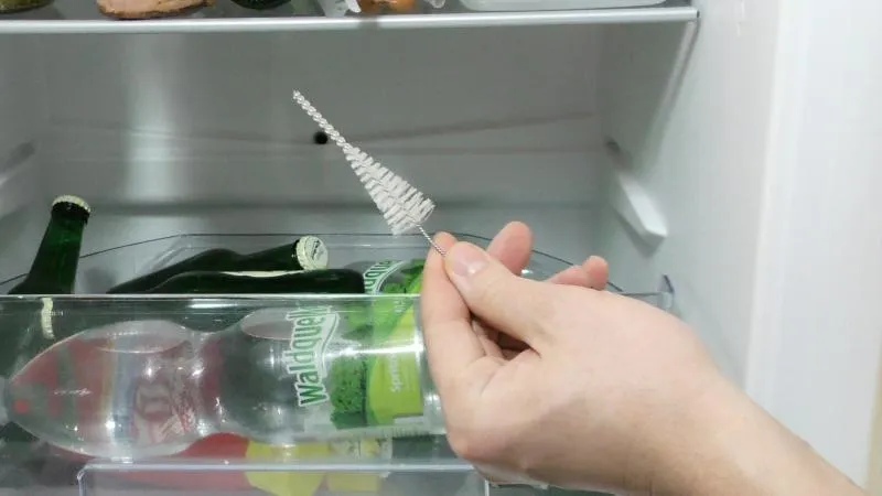Eine flexible Bürste wird als Werkzeug für die Kühlschrankreinigung verwendet.