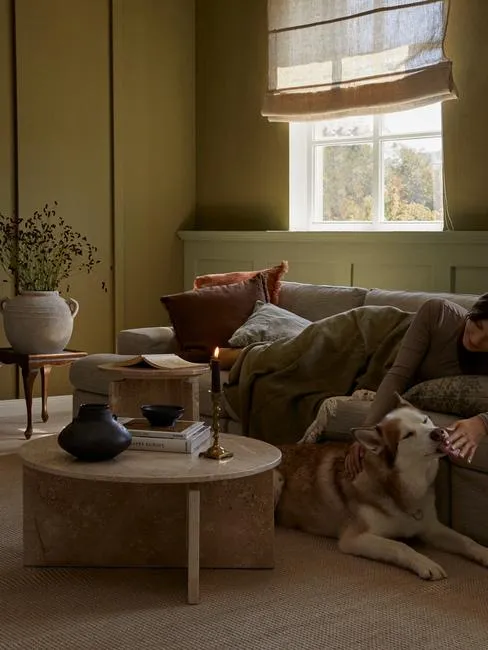 Eine Frau entspannt mit ihrem Hund auf einem weichen Sofa, das Licht fällt sanft ins Zimmer