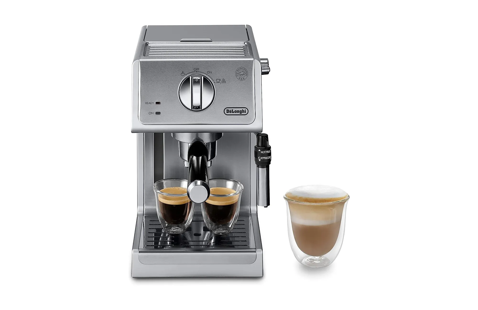 Eine glänzende De'Longhi Bar Pump Espressomaschine aus Edelstahl auf einer Küchenzeile