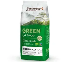 Eine grüne Verpackung von Seeberger Confianza Bio-Fairtrade Kaffee Crema