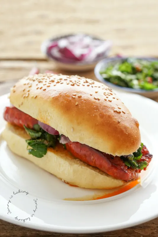 Eine Hand hält einen frisch zubereiteten Choripán, der die köstliche Füllung aus Chorizo, Chimichurri und roten Zwiebeln in einem selbstgebackenen Hot Dog Brötchen zeigt