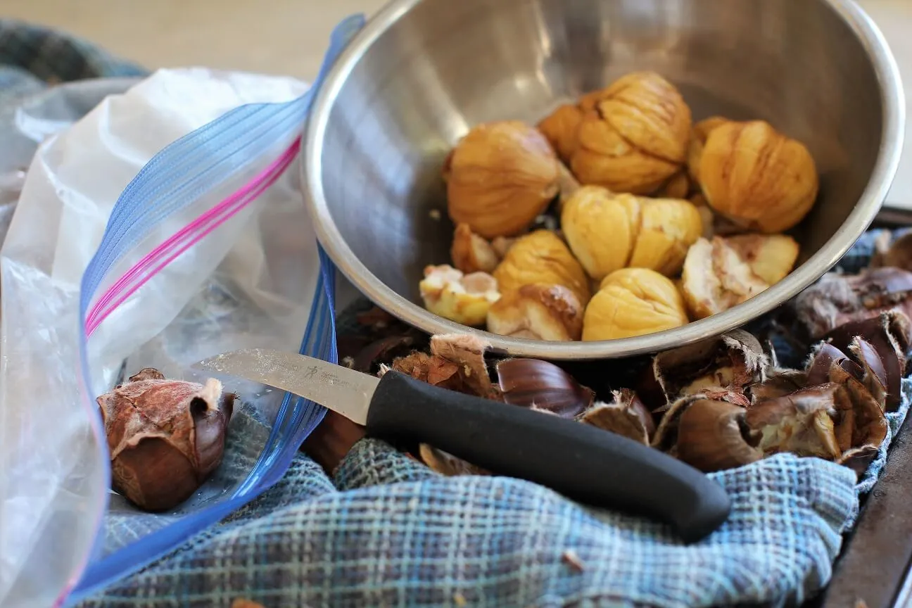 Eine Hand schält eine frisch geröstete Marone, die Haut löst sich leicht ab