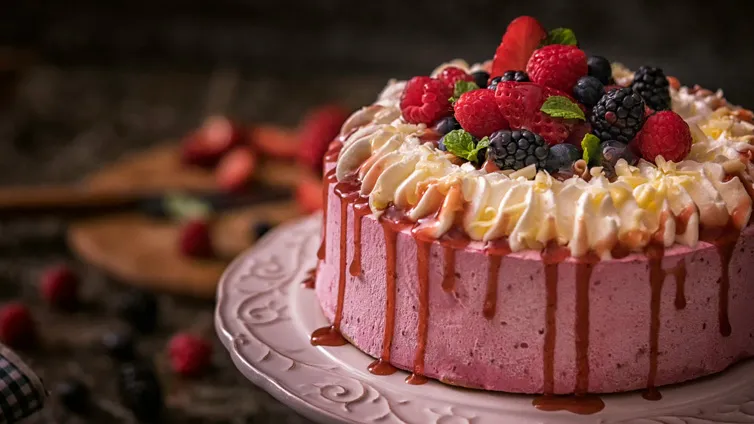 Eine kunstvoll dekorierte Himbeer-Sahne-Torte mit frischen Beeren und Sahnetupfern