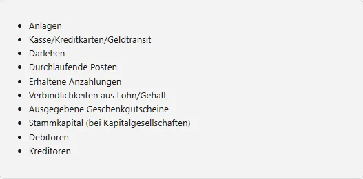 Eine Liste der Bestandskonten und Kategorien, die in Lexware automatisch vorgetragen werden, ist auf dem Bildschirm dargestellt.
