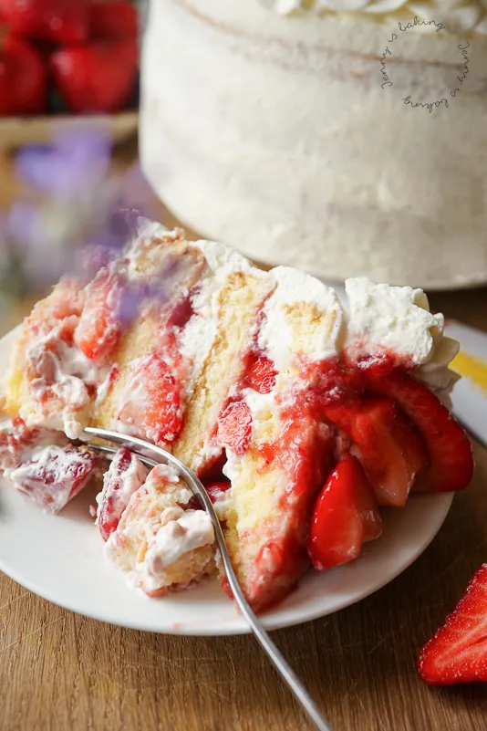 Eine Nahaufnahme der dekorierten Erdbeer-Sahne-Torte.