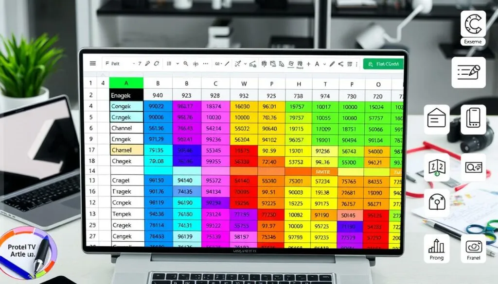 Eine Nahaufnahme eines Computers mit einer geöffneten Excel-Tabelle, die eine TV-Senderliste anzeigt. Die Tabelle ist farblich kodiert und enthält Spalten für Sendername, Kanalnummer und Genre. Ein Cursor zeigt auf eine Zelle, die Anpassungsoptionen hervorhebt.