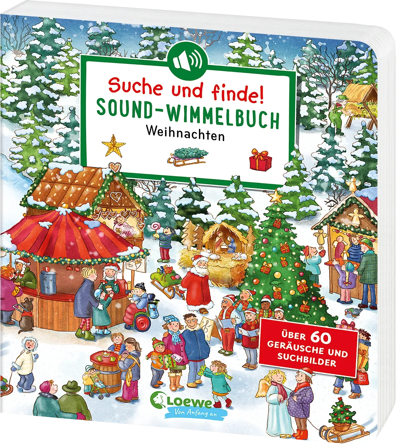 Eine Nahaufnahme eines Sound-Wimmelbuchs zum Thema Weihnachten, das viele kleine, bunte Details zeigt