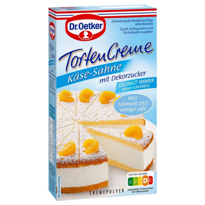 Eine Packung Dr. Oetker Käse-Sahne Tortencreme als Beispiel für weitere Tortenfüllungen.