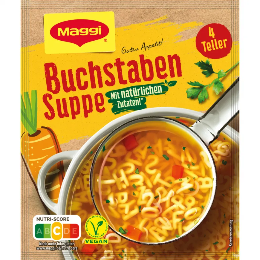 Eine Packung Maggi Buchstabensuppe, bereit für die Zubereitung einer leckeren Nudelsuppe