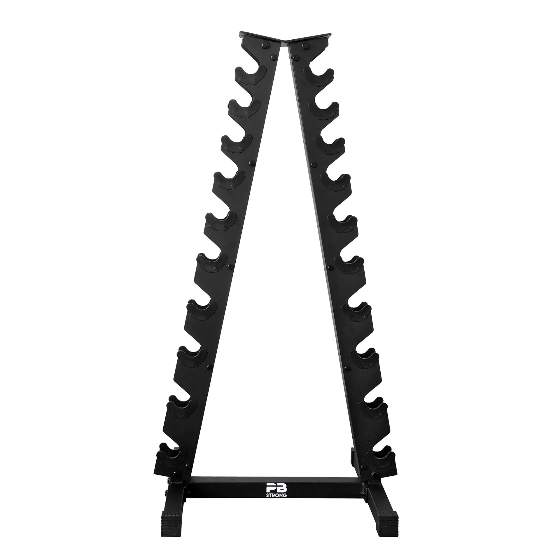 Eine Reihe glänzender PB Strong Chrom Kurzhanteln ordentlich auf einem Hantelregal