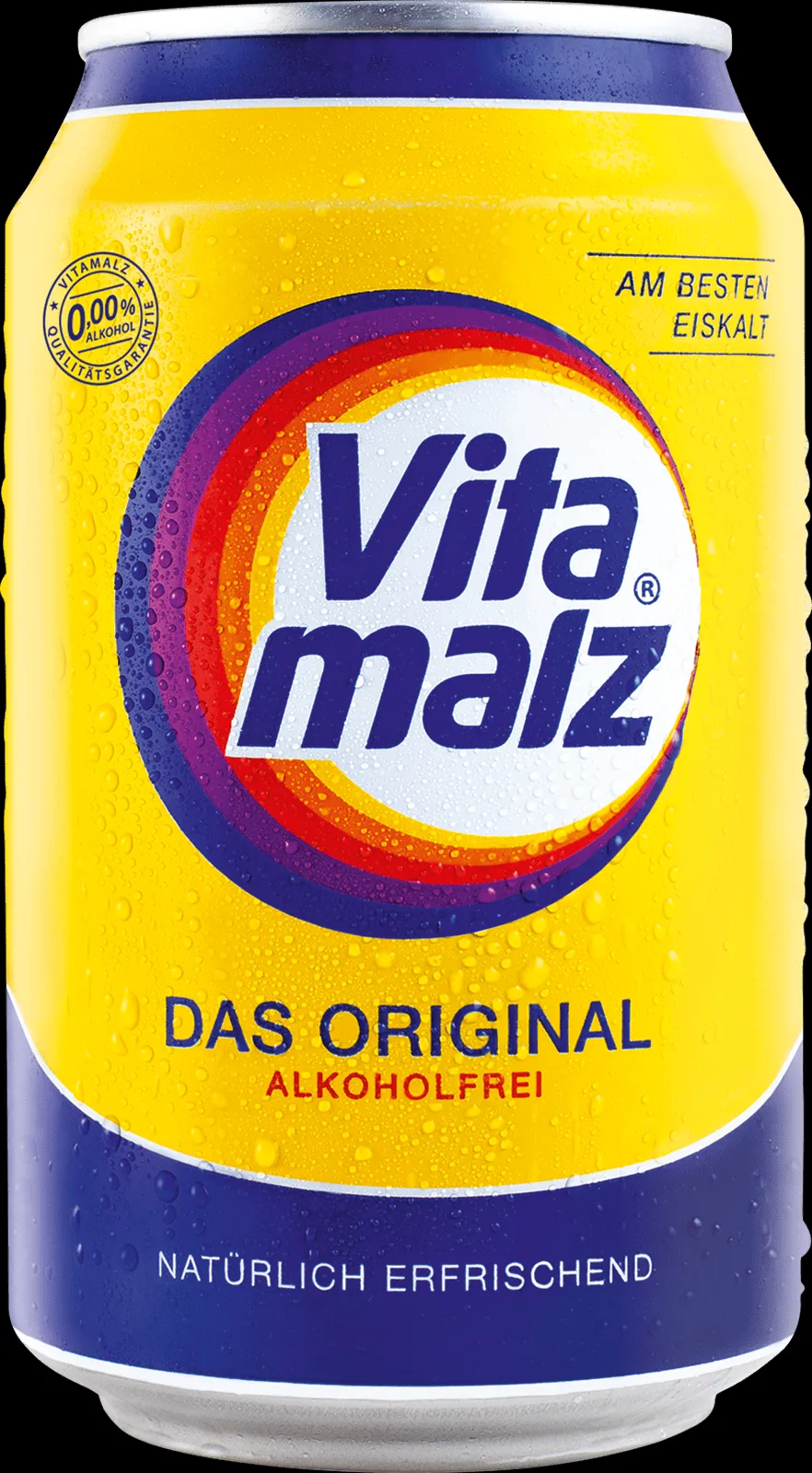 Eine Reihe von Vitamalz Original Dosen im 0,33l-Format, ein beliebtes alkoholfreies Malzbier