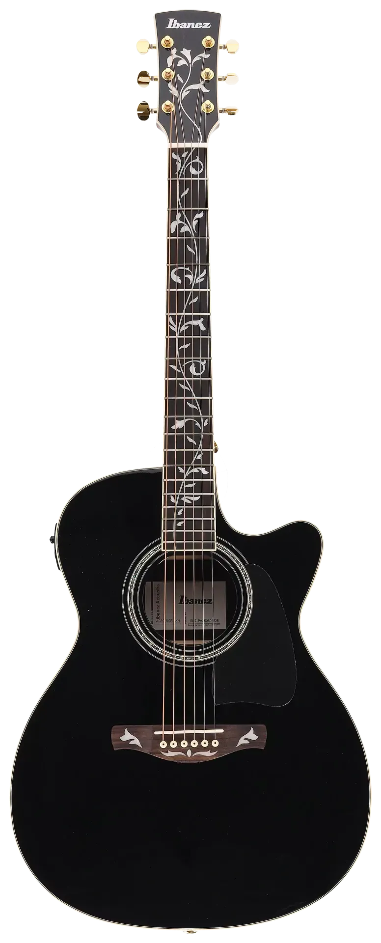 Eine schwarze Ibanez Akustikgitarre mit Hochglanz-Finish, im Detail