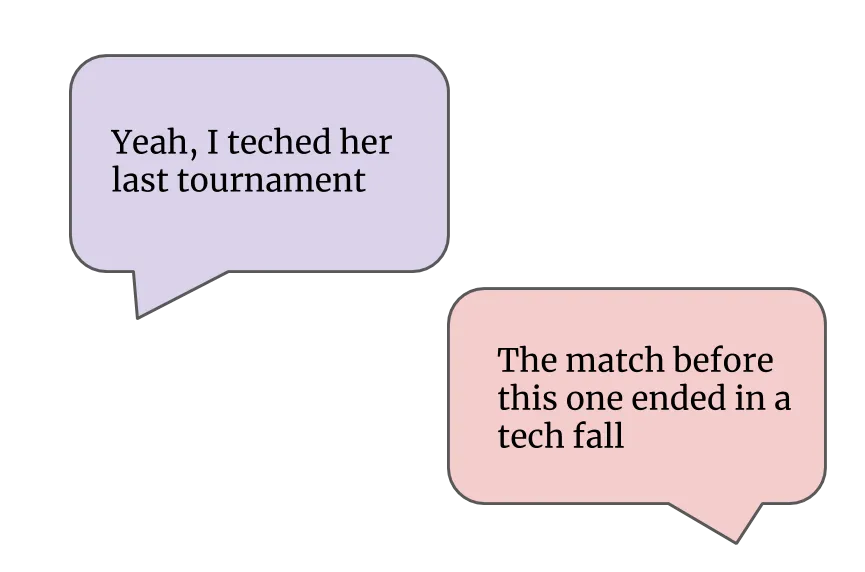 Eine Sprechblase mit der Aufschrift "Wrestler's vocab" und einem Zitat zum technischen Überlegenheitssieg.