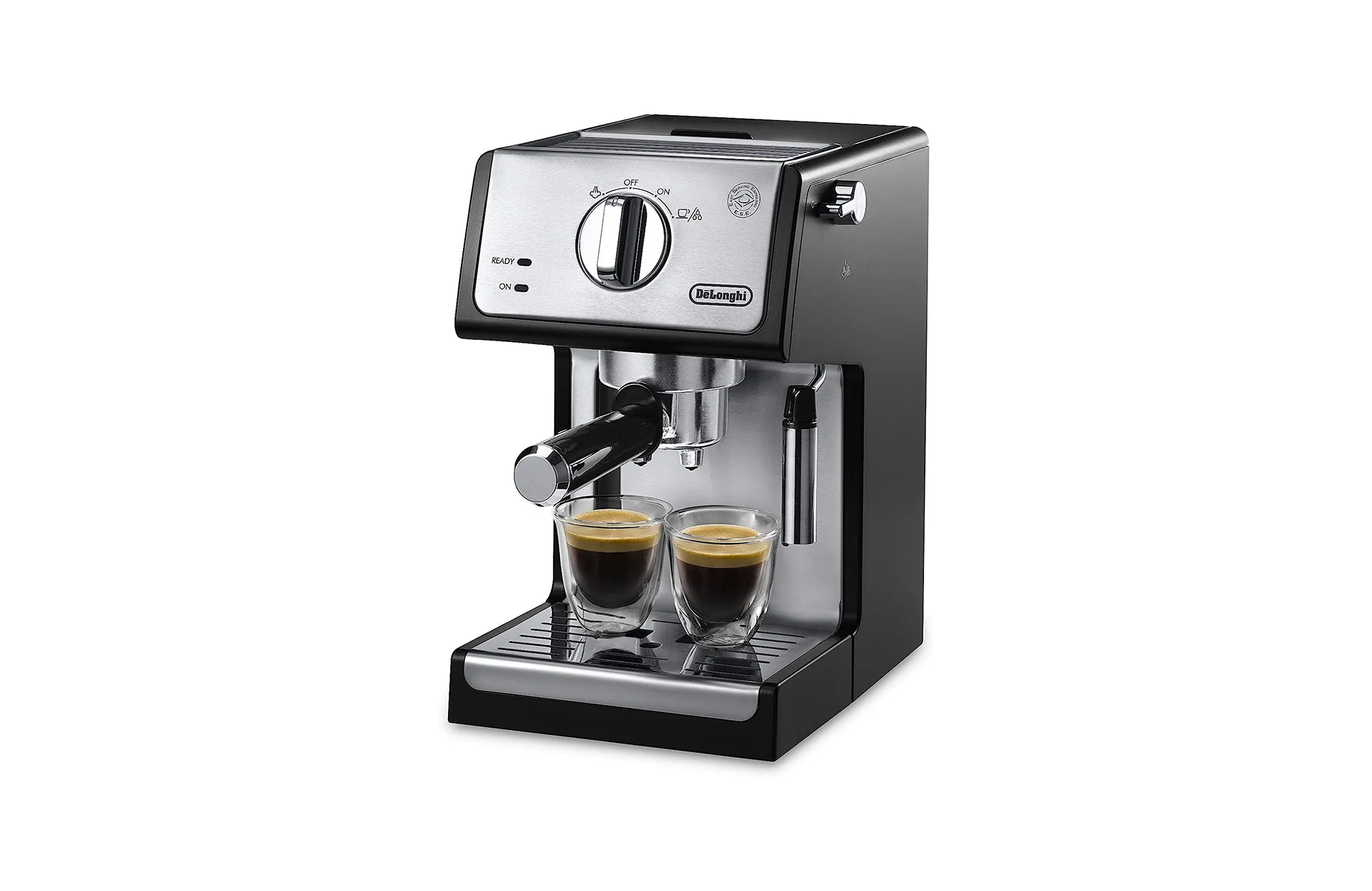 Eine stilvolle De'Longhi Bar Pump Espressomaschine in Schwarz, die bereit für die Kaffeezubereitung ist