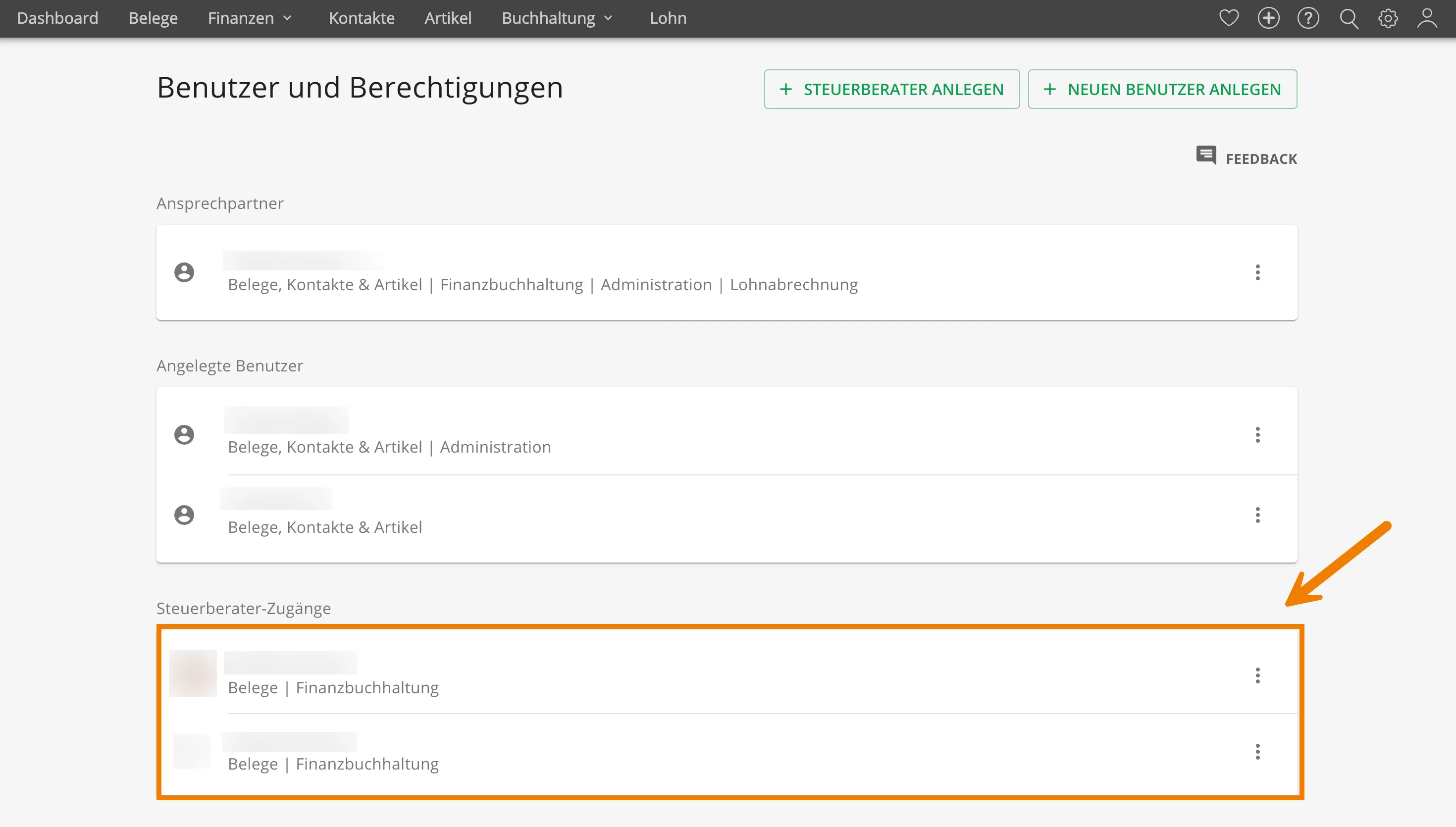 Eine Übersicht der Steuerberater-Zugänge in lexoffice, inklusive ausstehender Einladungen.