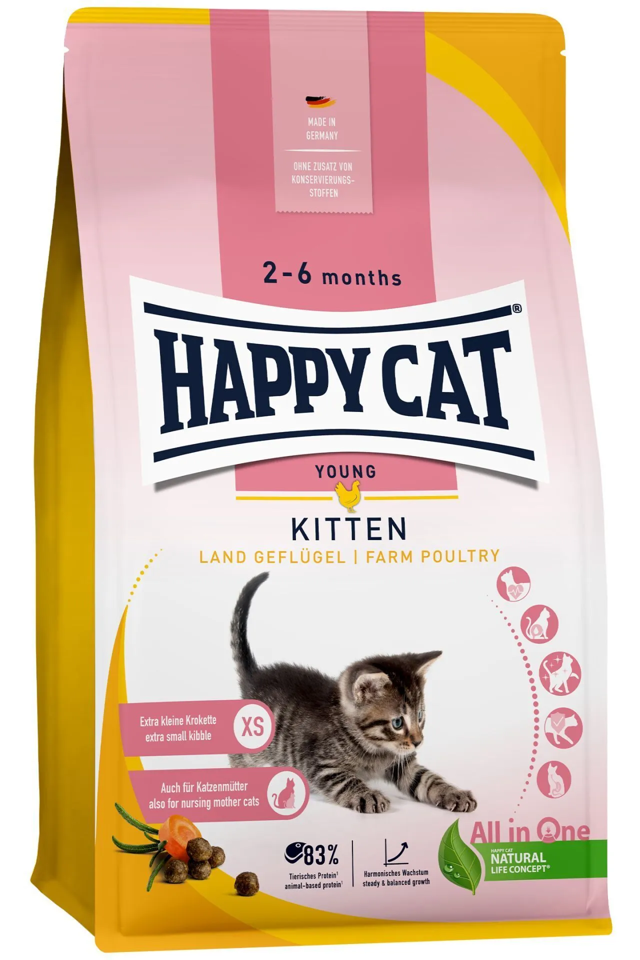 Eine Verpackung von Happy Cat Young Kitten Land-Geflügel Katzenfutter.