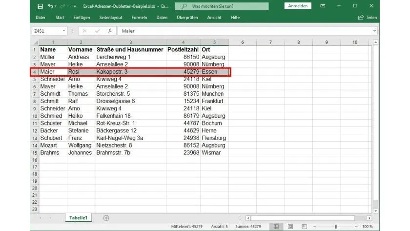 Eine Zeile unterhalb der Zeilen, die fixiert werden sollen, ist markiert