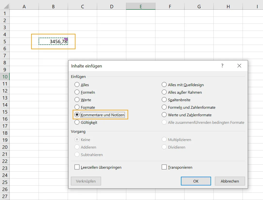 Einen Excel-Kommentar kopieren und an anderer Stelle einfügen