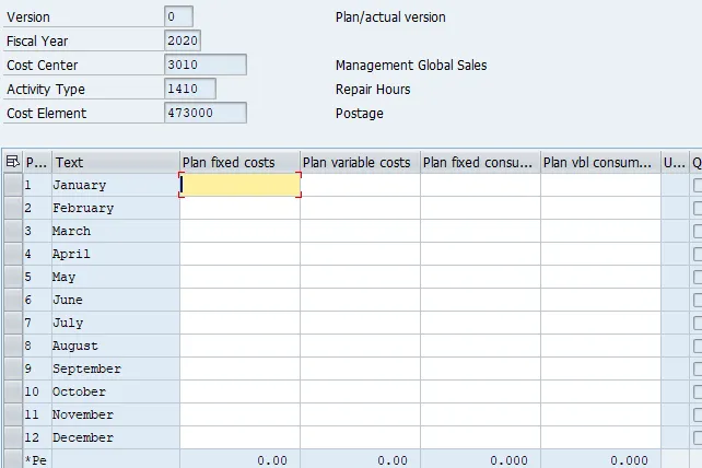 Eingabemaske für Budgetwerte in SAP KP06, aufgeteilt nach Perioden