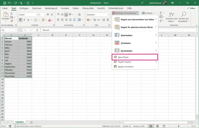 Einrichtung der bedingten Formatierung in Excel, um jede zweite Zeile einzufärben