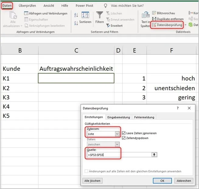 Einrichtung der Datenüberprüfung für eine Dropdown-Liste in Excel
