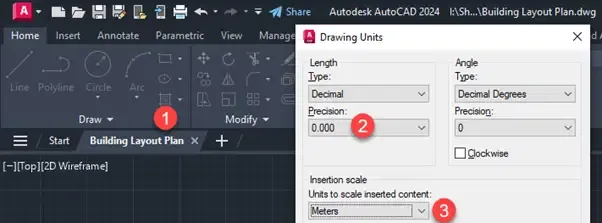 Einrichtung der Einheiten im neuen Host-Zeichnung für den Gebäudefußbodenplan in Metern mit drei Dezimalstellen