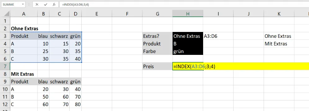 Einsatz der INDEX-Funktion mit festen Zeilen- und Spaltennummern, um einen Wert aus einem definierten Bereich abzurufen