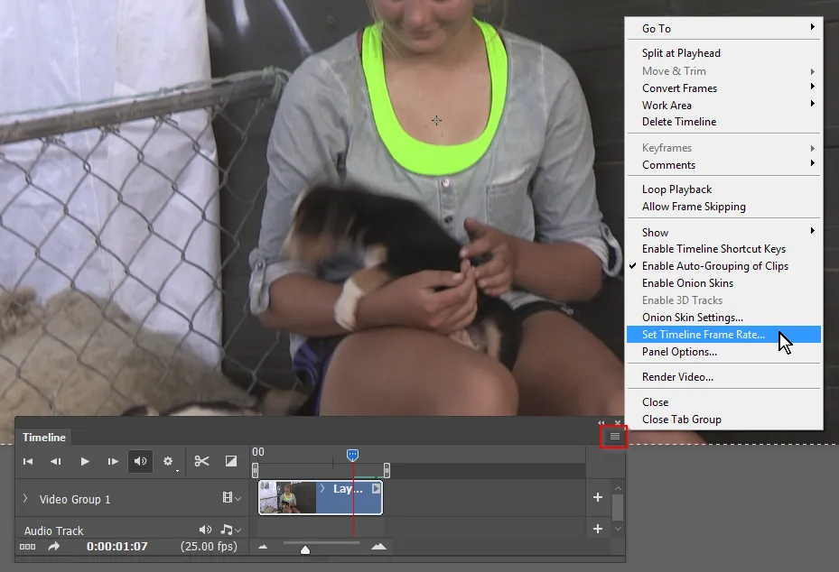 Einstellung der Bildrate über das Fly-out-Menü der Zeitleiste in Photoshop
