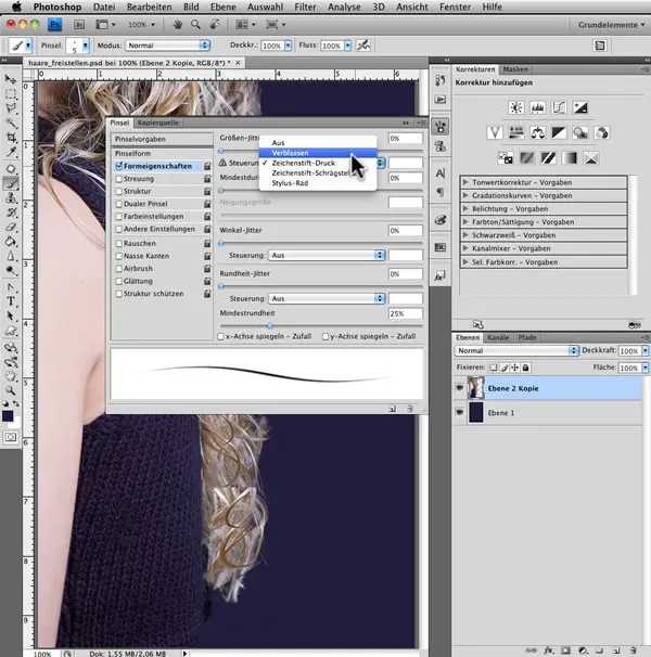 Einstellung der Pinselverblassung