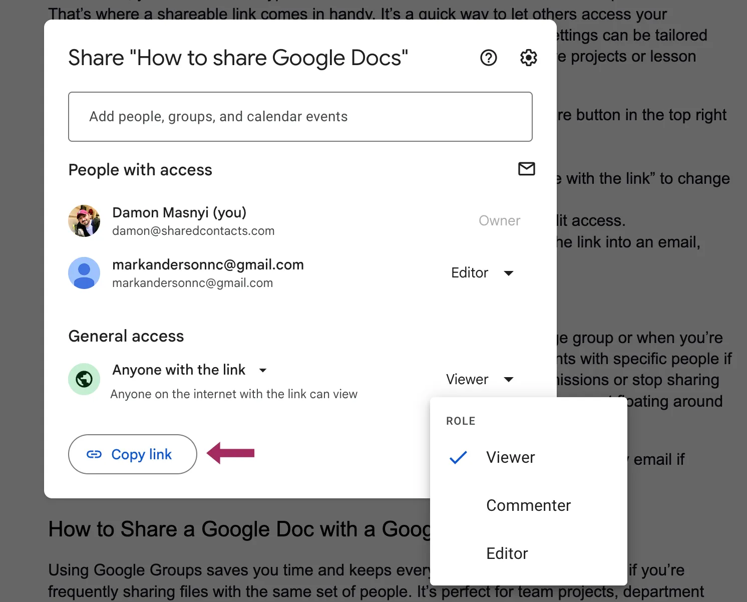 Einstellungen für den allgemeinen Zugriff: "Jeder mit dem Link"
