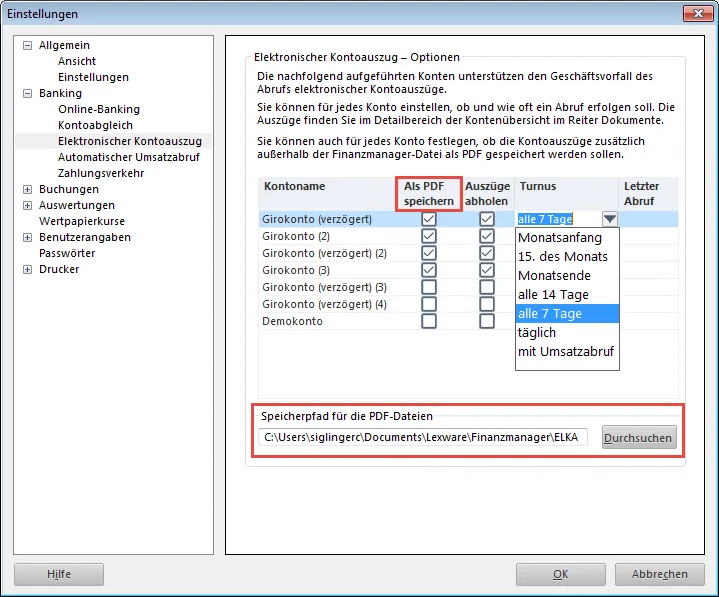 Einstellungen für den Speicherort elektronischer Kontoauszüge im FinanzManager 2020