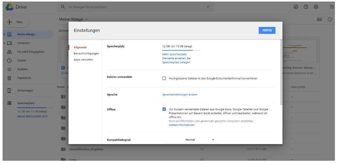 Einstellungen für die Offline-Nutzung von Google Tabellen
