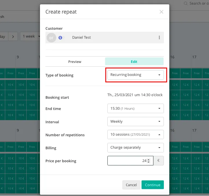 Einstellungen für wiederholte Buchung