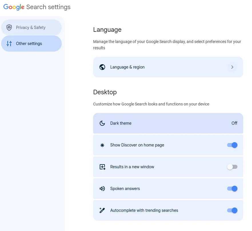 Einstellungen zum Aktivieren oder Deaktivieren des Google Discover Feeds
