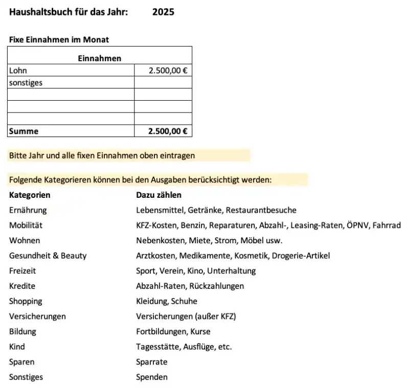 Einstellungen zur Excel-Vorlage Haushaltsbuch (Screenshot)