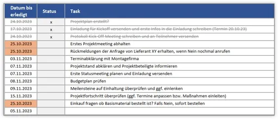 Eintragung von Aufgaben in die Excel Taskliste