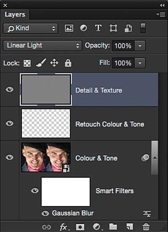 Endgültige Ebenenstruktur nach der Frequenztrennung in Photoshop