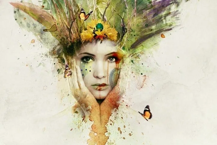 Endgültiges Ergebnis des Aquarell-Effekts in Photoshop mit Modell und abstrakten Elementen