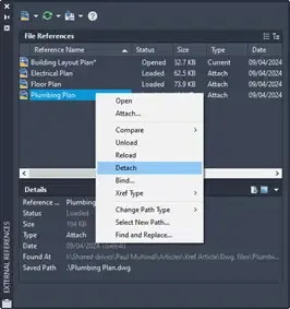 Entfernen einer XRef über Detach in der Palette