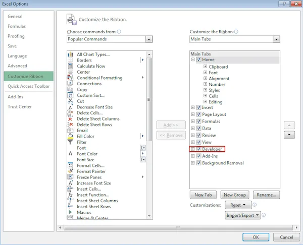 Entwicklertools-Menüband in Excel