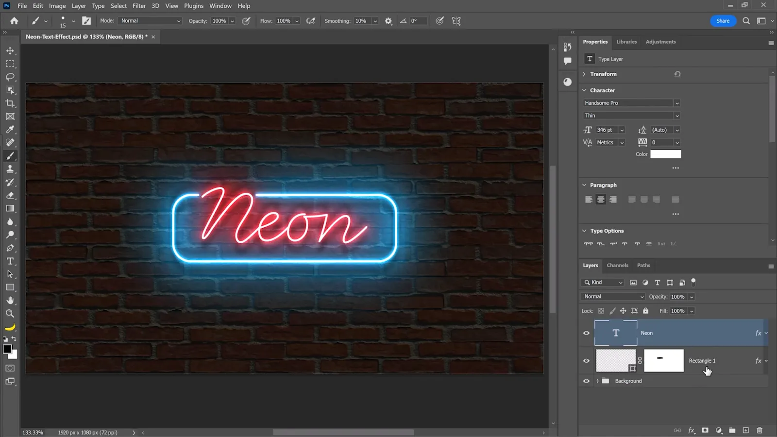 Ergebnis der angepassten Ebenenstile für den roten Text