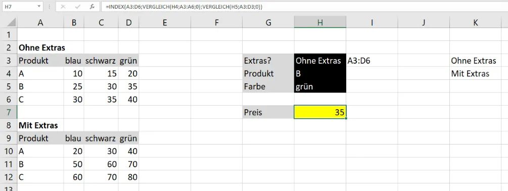 Ergebnis der INDEX- und INDEX/VERGLEICH-Kombination, das den Wert 35 für die ausgewählten Kriterien anzeigt
