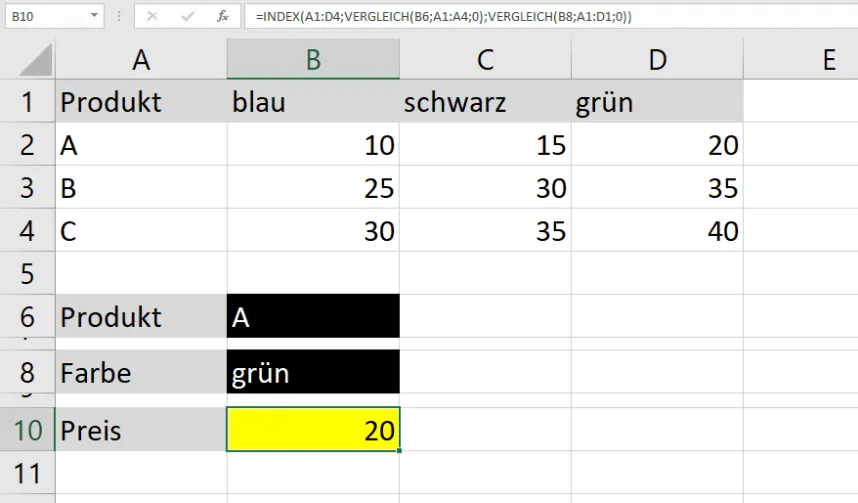 Ergebnis der kombinierten INDEX- und VERGLEICH-Funktion, die den korrekten Wert aus der Tabelle dynamisch abruft