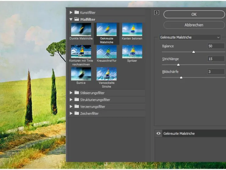 Ergebnis des 'Gekreuzte Malstriche'-Filters, der einem Bild Tiefe und Textur verleiht