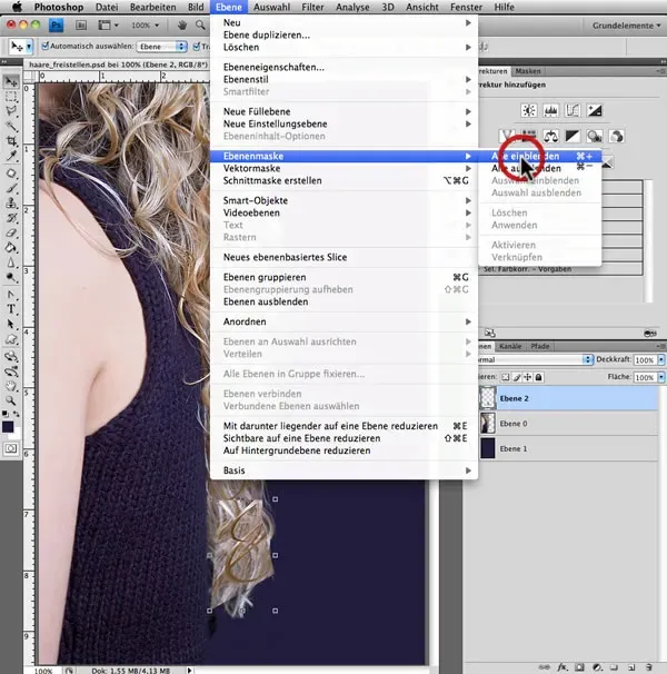 Erstellen einer Ebenenmaske für das Haarteil