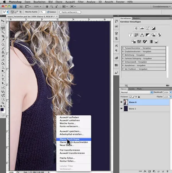 Erstellen einer neuen Ebene durch Kopieren des Haarteils