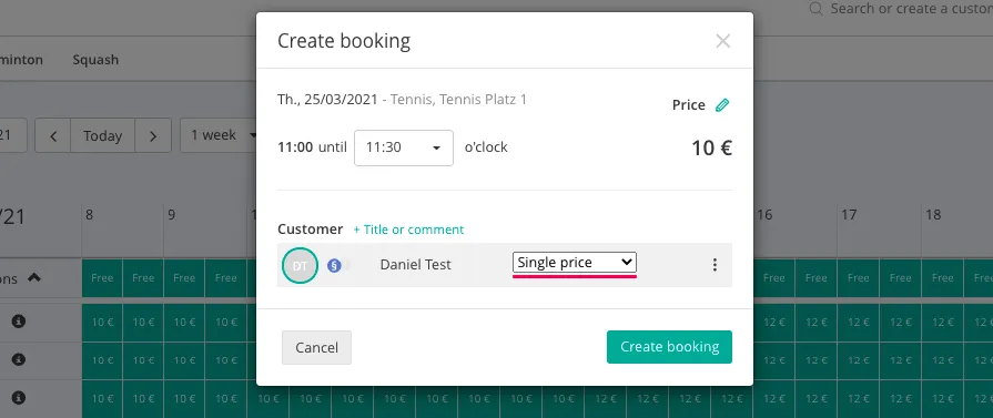 Erstellung einer Einzelbuchung mit Preisberechnung