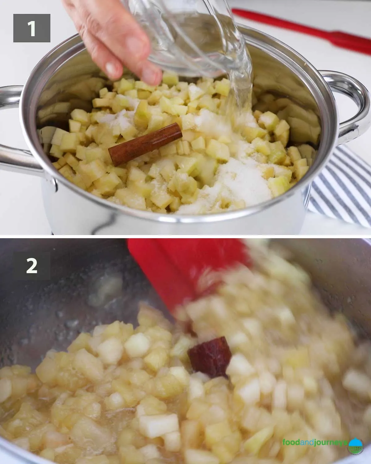 Erster Teil eines Collagen-Bildes mit Schritt-für-Schritt-Anleitung zum Kochen von Zimt-Apfelmus.