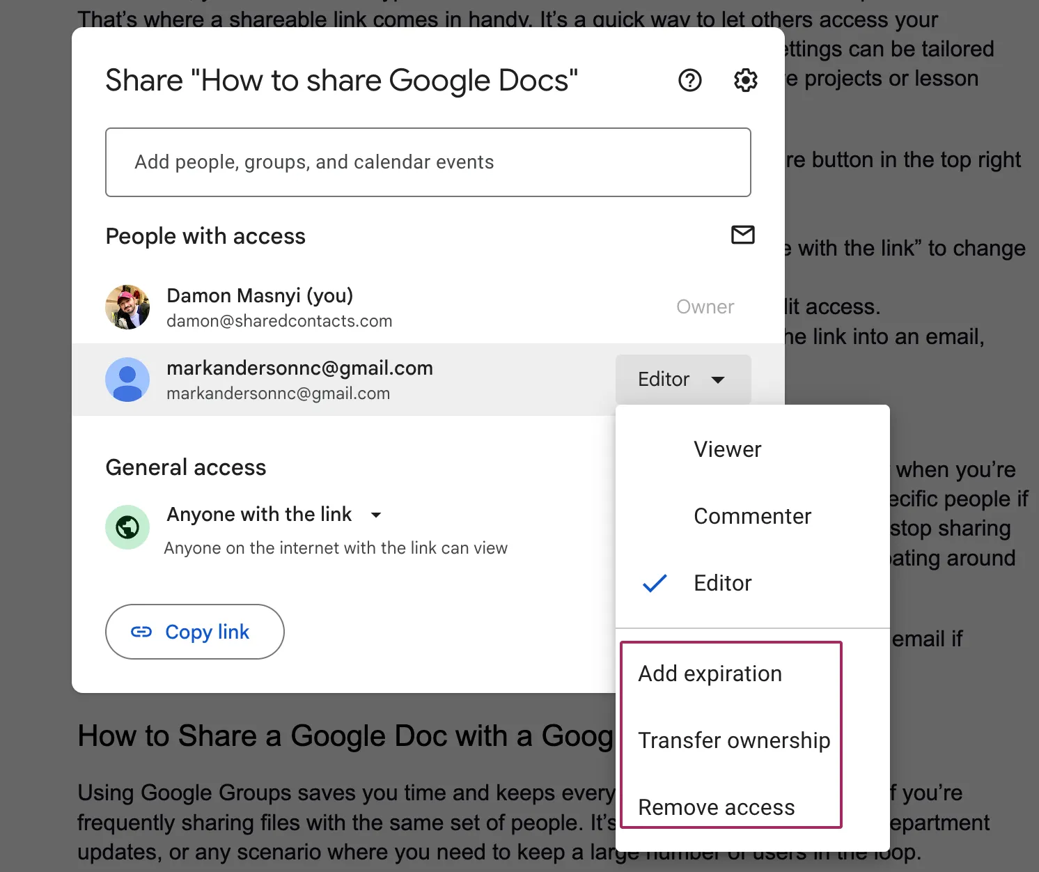 Erweiterte Freigabeoptionen in Google Docs, einschließlich Ablaufdatum und Eigentumsübertragung