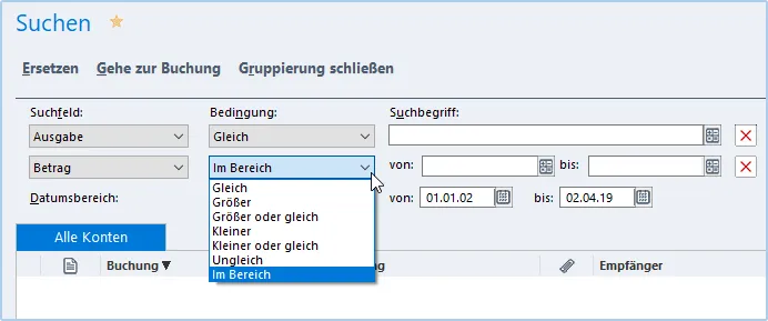 Erweiterte Such- und Ersetzungsmaske im Lexware FinanzManager 2020